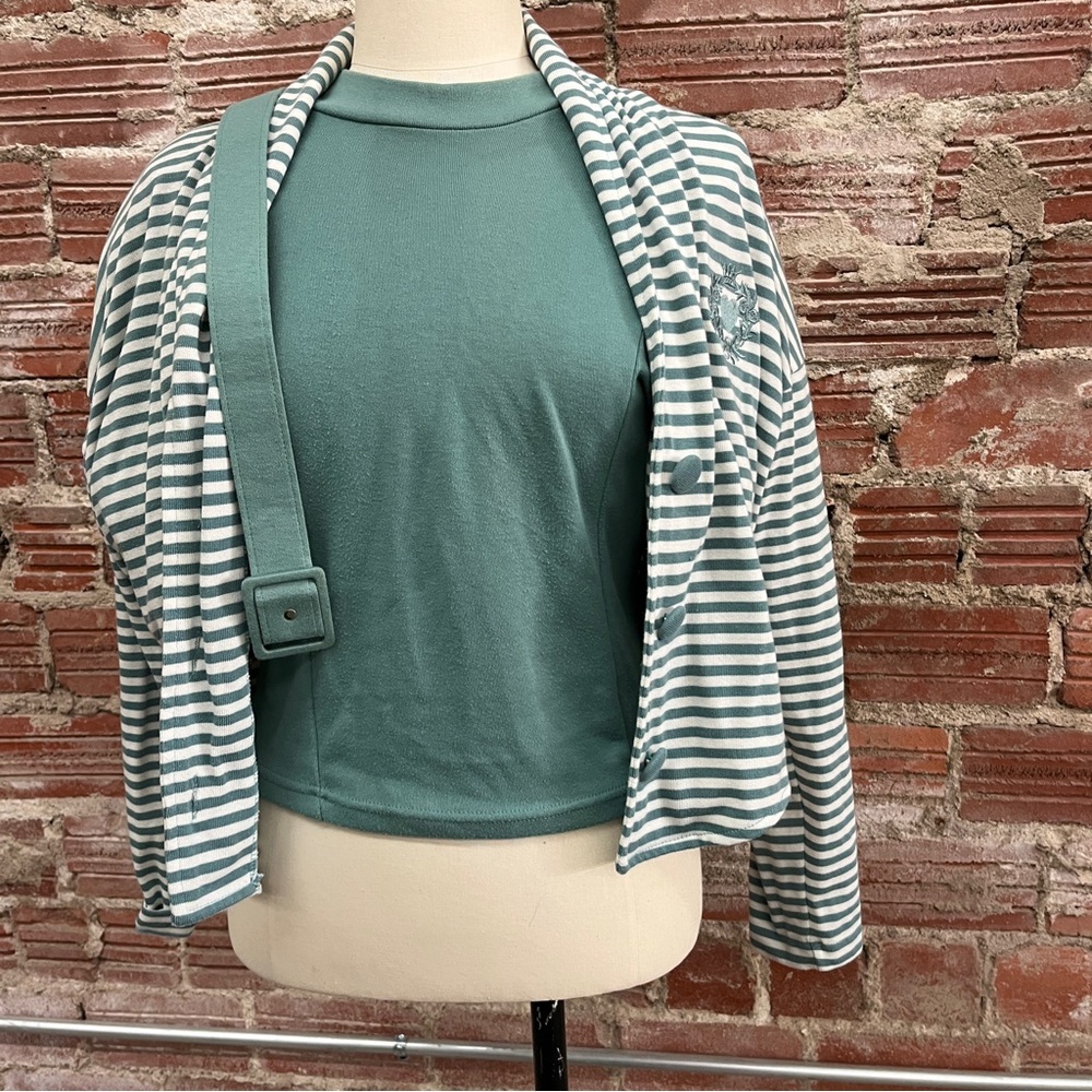 Green and White Striped Cardigan with Belt